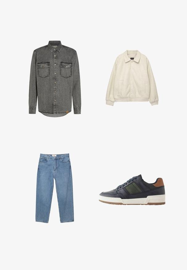 Vaaleanharmaa villasekoite takki, jossa on kaulus, etunapit, kaksi sivutaskua ja ribbireunukset helmassa. Pehmeä pinta, rento mitoitus.; Harmaa farkkupaita, jossa on pitkät hihat, nappisuljenta, kaksi rintataskua ja kontrastiväriset ompeleet. Pyöristetty helma ja etiketti sivussa.; Vaaleansiniset farkut suoranlahkeisella leikkauksella, viiden taskun suunnittelulla ja näkyvällä merkkilapulla vyötäröllä.; Sotilas sininen nahkasneakeri vihreällä tehosteella, valkoinen välipohja ja ruskea kantapää. Varustettu pyöristetyllä kärjellä ja teksturoidulla kumipohjalla.