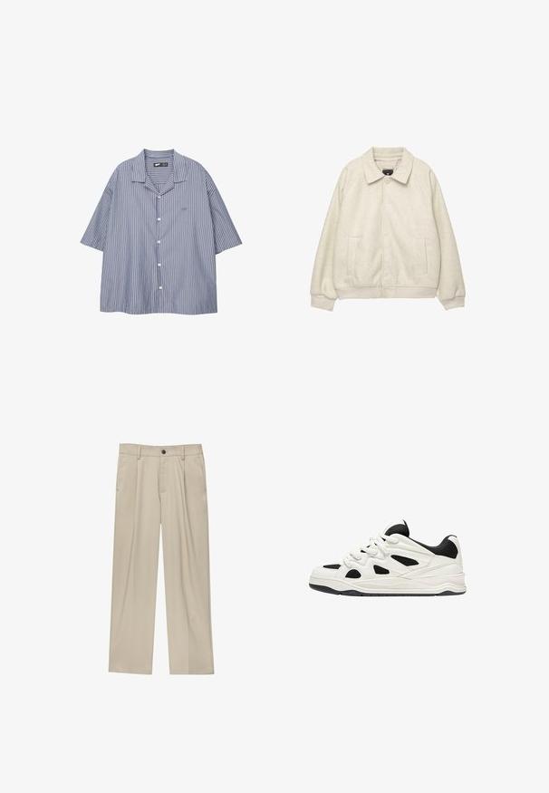 Giacca in misto lana grigio chiaro con colletto, chiusura frontale con bottoni, due tasche laterali e polsini a coste all'orlo. Texture morbida, vestibilità rilassata.; Camicetta a righe blu e bianca con vestibilità rilassata, maniche corte e colletto a risvolto. Presenta un piccolo logo sul petto.; Pantaloni beige a taglio dritto, con un solo bottone nero, passanti per la cintura e tasche laterali. Tessuto dalla texture liscia e design minimale.; Scarpe da ginnastica bianche e nere con suola testurizzata, caratterizzate da intagli sui lati e lacci, e una schiena imbottita per il supporto.