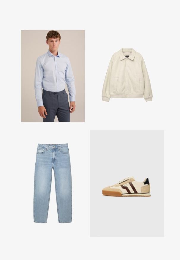 Világosszürke gyapjú keverék dzseki, gallérral, elöl gombos záródással, két oldalsó zsebből és bordázott mandzsettából a szegélyen. Puha tapintás, laza illeszkedés.; Világoskék, sima pamutból készült, hosszúujjú ing, hegyes gallérral, sötétszürke, szabott nadrággal párosítva.; Világoskék farmernadrág, laza fazon, magas derekú, öt zsebes dizájn, gombos és cipzáras nyitás, egyenes lábak, enyhén rojtos szegéllyel.; GANT BAYLLE - Sportcipő - sand