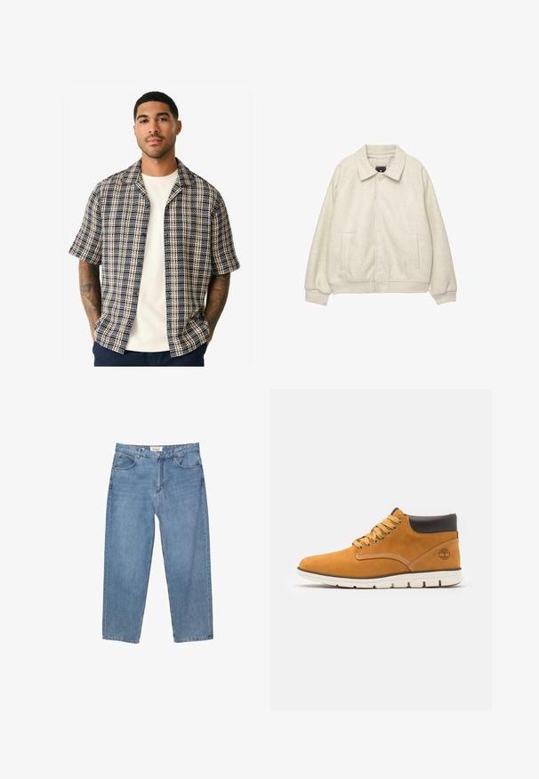Lichtgrijze wollen blendjas met een kraag, sluiting met knopen aan de voorkant, twee zijzakken en ribbelmanchetten aan de onderkant. Zacht textuur, ontspannen pasvorm.; Korte mouwen overhemd met een marineblauw, crème en roestkleurig ruitpatroon, gemaakt van geweven stof met een ontspannen pasvorm en een open kraagontwerp.; Lichtblauwe denim jeans met een rechte pijp, vijf zakken en een zichtbaar merkteken op de tailleband.; Bruine suède enkellaarsjes met een gevoerde kraag, voorzien van gouden oogjes en veters, contrasterende stiksels en een witte rubberen zool.