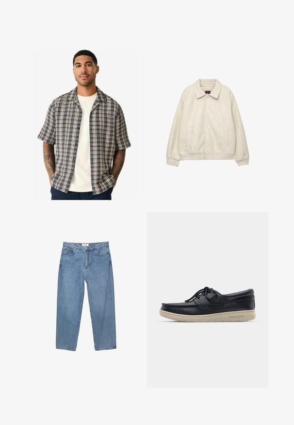 Vaaleanharmaa villasekoite takki, jossa on kaulus, etunapit, kaksi sivutaskua ja ribbireunukset helmassa. Pehmeä pinta, rento mitoitus.; Lyhythihainen paita, jossa on tummansininen, kerma ja ruosteinen ruutukuosi. Paita on valmistettu kudotusta kankaasta, ja siinä on rento istuvuus sekä avoin kauluskonstruktio.; Vaaleansiniset farkut suoranlahkeisella leikkauksella, viiden taskun suunnittelulla ja näkyvällä merkkilapulla vyötäröllä.; Laivaston nahkavetovoima kenkä, jossa on matala profiili, valkoinen kumipohja, pyöreät nauhat ja koristeellista sivupistoa; siinä on metalliset silmukat ja logo.