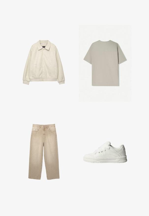 Világosszürke gyapjú keverék dzseki, gallérral, elöl gombos záródással, két oldalsó zsebből és bordázott mandzsettából a szegélyen. Puha tapintás, laza illeszkedés.; Beige színű pamut póló rövid ujjakkal. Egyszerű dizájn jellemzi, kerek nyakkivágással. Simább textúrája van, minimális varrással a hátsó részen.; Beige, magas derekú, széles lábú farmernadrág, fröccsölt szegéllyel, két elülső zsebbel és finom varrási részletekkel.; Fehér sportcipők sima bőrből, párnázott nyelvvel, lapos fűzőkkel, és textúrázott részletekkel az oldalakon és a sarkon.