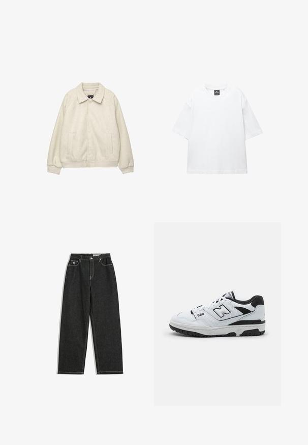 Svetlo siv usnjen plašč iz mešanice volne z ovratnikom, sprednjim gumbom, dvema stranskima žepoma in rebrastimi manšetami na robu. Mehka tekstura, sproščen kroj.; Bela majica s kratkimi rokavi iz bombaža, z okroglo ovratnikom in sproščenim krojem ter ravnim robom. Brez vzorcev ali okrasnih elementov.; Črne ravne hlače iz jeansa z belim šivanjem, zasnova s petimi žepi, zapiranje na gumb in zadrgo, ter majhna logotip na sprednjem desnem žepu.; Bela nizka športna obutev z črnimi detajli, usnjeni in mrežasti zgornji del, perforirani detajli, oblazinjen ovratnik in debel gumijast podplat. Model 550.