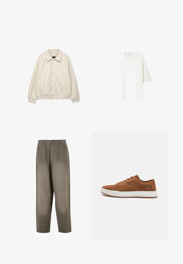 Svetlo siv usnjen plašč iz mešanice volne z ovratnikom, sprednjim gumbom, dvema stranskima žepoma in rebrastimi manšetami na robu. Mehka tekstura, sproščen kroj.; Bela kratka majica s kratkimi rokavi, izdelana iz bombaža, z okroglo ovratnikom in sproščenim krojem ter ravnim robom.; Svetlo zelene široke hlače iz mehkega materiala. Imajo zaponko, sprednji žep in gladko teksturo.; Rjavi nubuk tenisice z belo gumijasto podplatom, okroglo konico, šestimi kovinskimi očesci in embosiranim logotipom na stranski strani. Klasičen dizajn na vezalko.