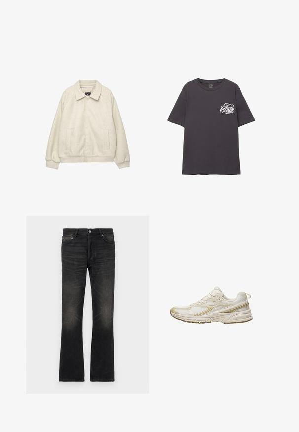 Hellgraue Wollmischung Jacke mit Kragen, vorderem Knopfverschluss, zwei seitlichen Taschen und gerippten Bündchen am Saum. Weiche Textur, lockere Passform.; Graues Baumwoll-T-Shirt mit kurzen Ärmeln, Rundhalsausschnitt und weißem Drucktext auf der linken Brust. Weiche Textur und lockere Passform.; Schwarze Denim-Glockenjeans mit einem ausgewaschenen Finish, fünf Taschen und silbernem Metall. Verfügt über einen klassischen Taillenbund und einen leicht strukturierten Stoff.; Weiße Sportschuhe aus Mesh und synthetischem Material, mit einer abgerundeten Zehe, gepolsteter Sohle und beigen Akzenten an den Seiten.