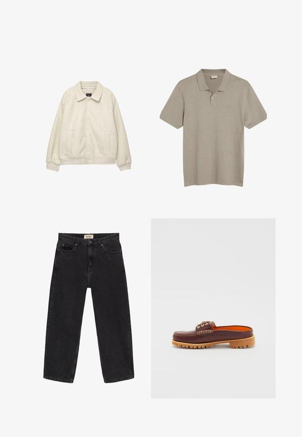 Giacca in misto lana grigio chiaro con colletto, chiusura frontale con bottoni, due tasche laterali e polsini a coste all'orlo. Texture morbida, vestibilità rilassata.; Polo shirt color marrone chiaro realizzato in tessuto morbido. Presenta un colletto classico, tre bottoni e maniche corte. Texture liscia con una leggera lucentezza.; Jeans in denim nero con una vestibilità rilassata. Presentano cinque tasche, una chiusura frontale con bottone e dettagli di cucitura. Texture leggermente sbiadita.; Scarpa slip-on in pelle marrone con punta arrotondata, dettagli di cucitura testurizzata, occhielli dorati e suola esterna rigata color beige. L'interno è di un vivace arancione.