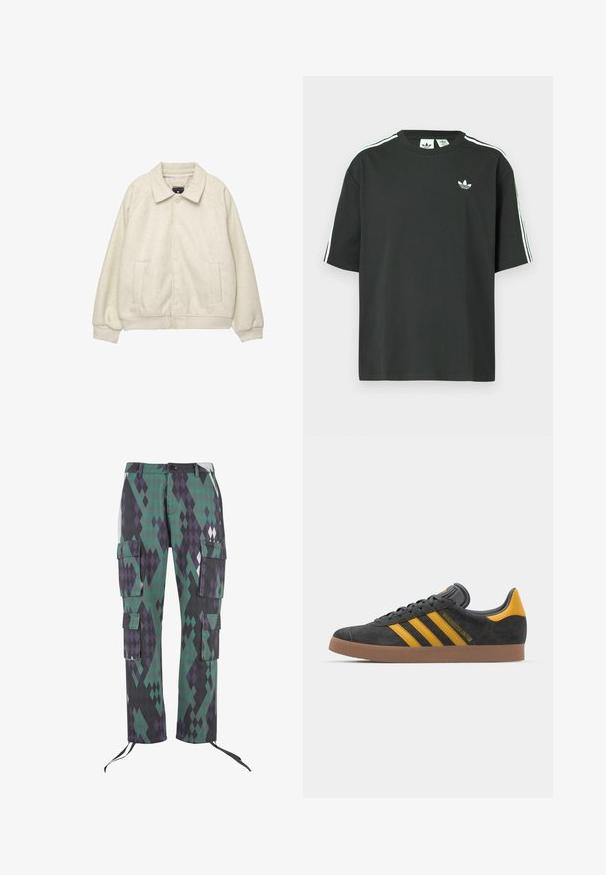 Siva vuna mješovita jakna s ovratnikom, prednjim kopčanjem na gumb, dva bočna džepa i rebrastim manžetama na rubu. Mekana tekstura, opušteni kroj.; Crna pamučna majica kratkih rukava, s okruglim izrezom i bijelim detaljima u obliku triju pruga na ramenima. Na prsima se nalazi mali bijeli logotip.; Cargo hlače u dijamantnom uzorku zelene, ljubičaste i crne boje. Imaju šest džepova, podesive manžete i kopčanje na dugme u struku.; Crne nubuk tenisice s žutim detaljima, sa tri pruge i smešnim gumenim potplatom. Imaju jastučić na jeziku za udobnost.