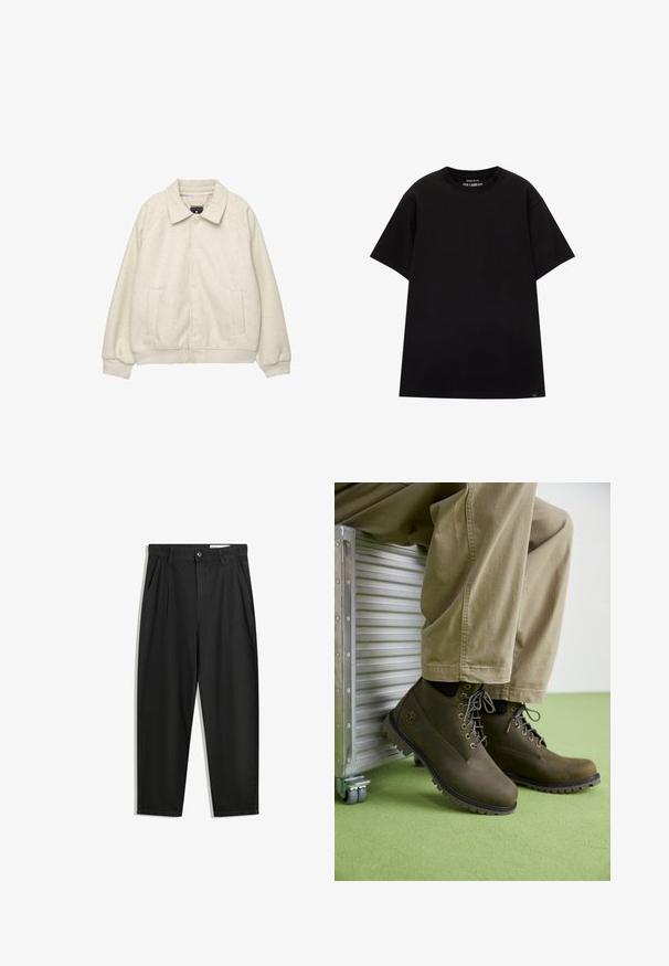 Világosszürke gyapjú keverék dzseki, gallérral, elöl gombos záródással, két oldalsó zsebből és bordázott mandzsettából a szegélyen. Puha tapintás, laza illeszkedés.; PULL&BEAR JOIN LIFE - Basic póló - black; Fekete pamut nadrág laza szabással, klasszikus derékrésszel, elülső hajtásokkal és oldalsó zsebekkel. Simább textúra minta nélkül.; Barna bőr bokacsizmák kerek orral, szürke fűzőkkel, megerősített fűzőlyukakkal és texturált gumi talppal, világos khaki nadrággal párosítva.