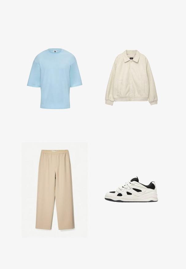 Világosszürke gyapjú keverék dzseki, gallérral, elöl gombos záródással, két oldalsó zsebből és bordázott mandzsettából a szegélyen. Puha tapintás, laza illeszkedés.; Világoskék, rövid ujjú póló, puha anyagból készült, kerek nyakkal és enyhén laza szabással, minimális díszítéssel.; Beige színű, bő szárú nadrág, gumis derékkal, puha anyagból készült, sima tapintással és minimális varrási részletekkel.; Fehér és fekete sportcipők, texturált talppal, oldalt kivágott mintákkal és fűzős megoldással, valamint párnázott hátsó résszel a támasz érdekében.