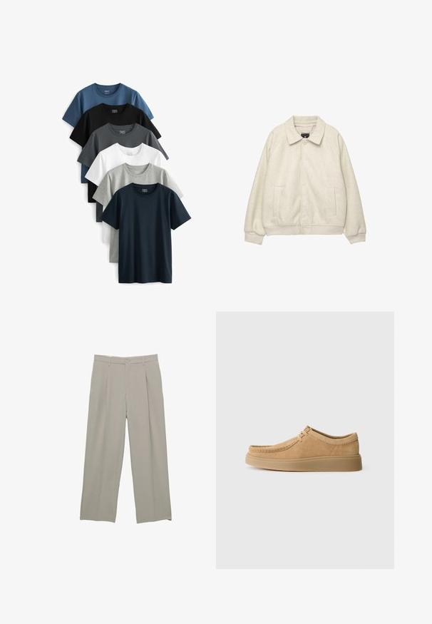 Jachetă din amestec de lână gri deschis, cu guler, închidere frontală cu nasturi, două buzunare laterale și manșete ribbate la tiv. Textură moale, croială lejeră.; Șase tricouri cu mânecă scurtă expuse într-un teanc. Culorile includ bleumarin, negru, verde, alb, gri deschis și gri închis. Material din bumbac.; Pantaloni largi gri deschis, cu o textură netedă, având plisuri frontale, închidere cu nasture și buzunare laterale.; Pantofi din piele nubuc cu șireturi, de culoare bej deschis, cu vârf rotund, detalii cusute și talpă din cauciuc plat, evidențiind o textură netedă.