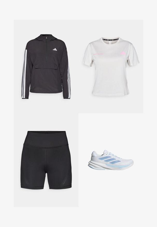 Chaqueta de pulóver negra fabricada con material ligero. Presenta un cierre de media cremallera en la parte delantera, capucha, bolsillo frontal tipo pouch y acentos de franjas blancas en las mangas.; Camiseta de manga corta gris claro con cuello redondo, con la inscripción "ADIDAS RUNNING" en rosa y el logo de Adidas en rosa en el pecho. Tejido de textura suave.; Pantalones cortos deportivos negros hechos de tela elástica y ligera. Cintura alta, costuras suaves, con patrones laterales sutiles para un detalle adicional.; Zapatillas de running blancas con acentos en azul claro, parte superior de malla transpirable, diseño de tres rayas, suela acolchada y suela exterior con tracción texturizada.