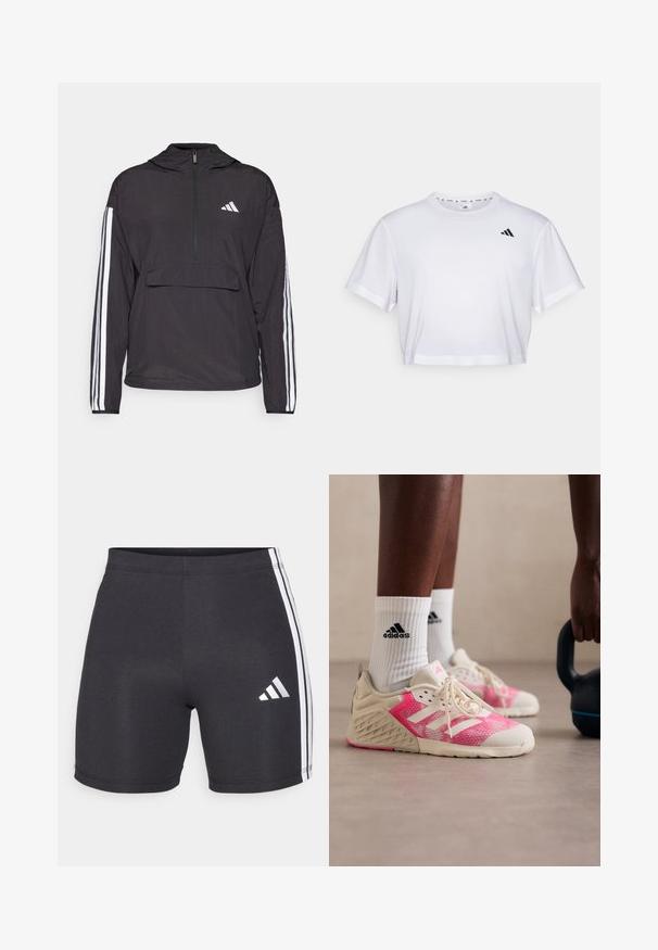 Mustapullover-takki, joka on tehty kevyestä materiaalista. Varustettu puolivetoketjulla edessä, hupulla, etutaskulla ja valkoisilla raidallisilla yksityiskohdilla hihoissa.; Valkoinen lyhythihainen t-paita, joka on valmistettu pehmeästä kankaasta. Pyöreä pääntie. Musta logo vasemmassa rinnassa.; Mustat urheilushortsit joustavaan kangasta, joissa on valkoiset sivuviivat ja Adidas-logo oikean alahousun kohdalla. Sileä tekstuuri.; Keveys urheilukengät, joissa on vaaleanpunainen verkkopäällinen, beige yksityiskohtia ja valkoiset nauhat. Rakennepohja mustalla brändäyksellä sukissa.