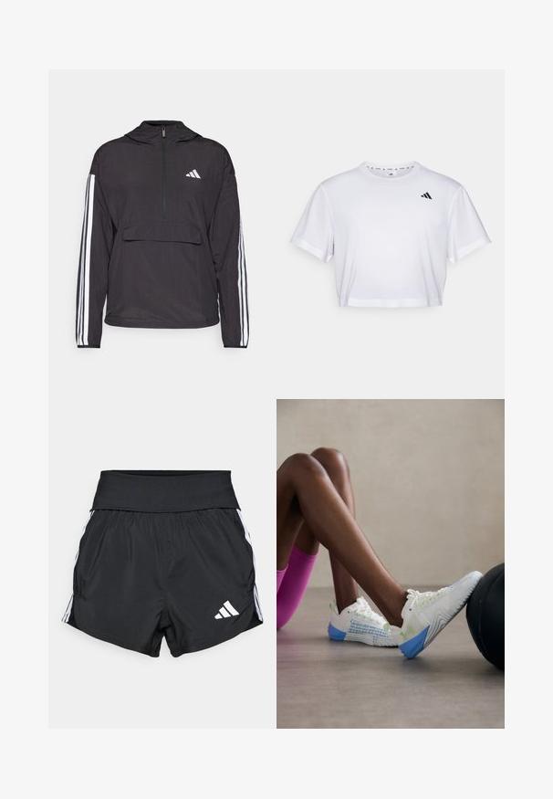 Svart genserjakke laget av lett materiale. Har halv-glidelås foran, hette, frontlomme og hvite stripe detaljer på ermene.; Hvit kortermet t-skjorte laget av mykt stoff, med korte ermer og rund hals. Svart logo på venstre bryst.; Sorte treningsshorts laget av lett materiale, med bred midjebånd, hvite sidestreker og en liten hvit logo på den nederste kanten.; Hvite treningssko har et mesh-design med grønne detaljer og en blå såle, som fremhever et teksturert mønster på siden.