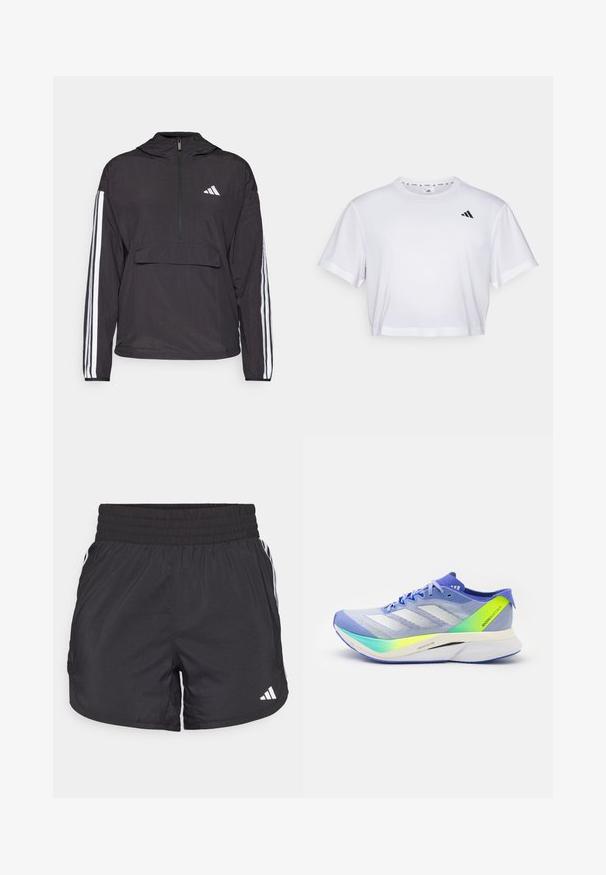 Must pakkjakk kerge materjalist. Omab pool-kattega lukuga esist, kapuutsi, esist kotti ja valgeid triibe varrukatel.; Valge lühikeste varrukatega krobitud t-särk, mis on valmistatud pehmest kangast ja millel on ümmargune kaelus. Vasakul rinnal must logo.; Mustad mustriga mustad sportlikud lühikesed püksid elastse värviga, küljetaskud ja valged triibud külgedel. Valmistatud kerge materjali sisu.; adidas Performance ADIZERO BOSTON 12 - Maanteejooksu jalatsid - light blue