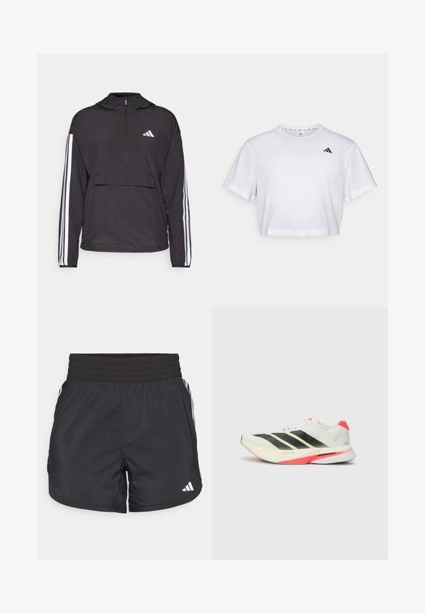 Veste à manches longues noire en matériau léger. Comprend un devant zippé à mi-hauteur, une capuche, une poche en avant et des accents en bande blanche sur les manches.; T-shirt blanc court en tissu doux, avec des manches courtes et un col rond. Logo noir sur la poitrine gauche.; Shorts de sport noirs avec une taille élastique, des poches latérales et des accents de rayures blanches sur les côtés. Fabriqués en matériau léger.; Baskets de course blanches avec des rayures noires, des accents vert fluo et un talon rouge. Elles disposent d'un dessus en maille texturée et d'une semelle légère pour le confort.