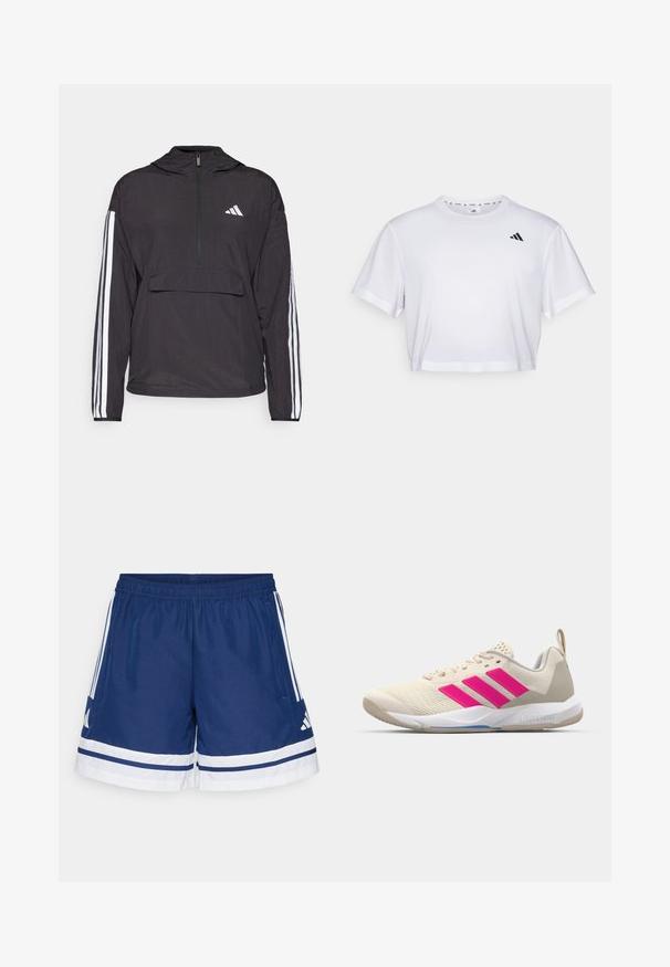 Juodas pūkuotas džemperis, pagamintas iš lengvos medžiagos. Yra pusiau užtraukiama priekyje, su gobtuvu, priekinė kišenė ir balti juosteliai ant rankovių.; Balta trumpa marškinėliai, pagaminti iš švelnios medžiagos, su trumpomis rankovėmis ir apvaliu iškirpimu. Juodas logotipas kairėje krūtinės pusėje.; Jūriniai sportiniai šortai su elastinga juosmeniu, baltais akcentais ir trimis juostelėmis kiekvienoje pusėje; pagaminti iš lengvos, kvėpuojančios medžiagos.; Bežiniai sportiniai bateliai su rožinėmis trimis juostomis, tekstūruota tinklelio viršutinė dalis, paminkštinta apykaklė ir balta guma neslystančia padu, turintys "LIGHTSTRIKE" prekės ženklą.