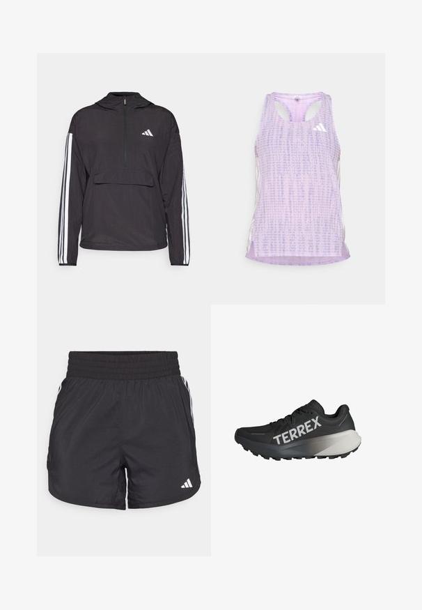 Chaqueta de pulóver negra fabricada con material ligero. Presenta un cierre de media cremallera en la parte delantera, capucha, bolsillo frontal tipo pouch y acentos de franjas blancas en las mangas.; Camisa deportiva morada sin mangas, con una tela texturizada y con estampado. Presenta cortes a los lados y un pequeño logo blanco en la parte delantera.; Pantalones cortos deportivos negros con cintura elástica, bolsillos laterales y detalles de rayas blancas en los lados. Hechos de un material ligero.; Zapatilla de correr negra con parte superior texturizada, destacado logo "TERREX" en blanco, diseño de suela cónica y un acento en degradado gris en el talón.