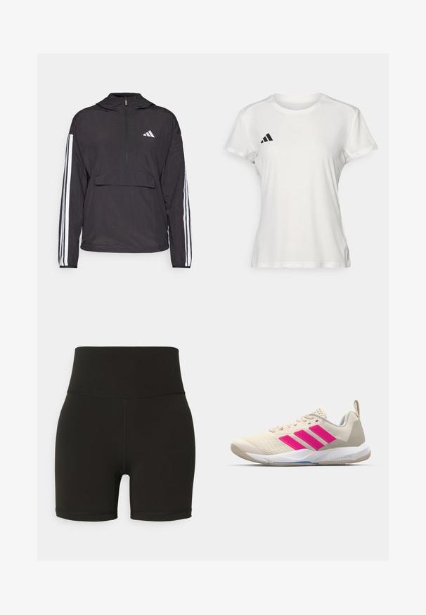 Czarna bluza dresowa wykonana z lekkiego materiału. Posiada pół-zamek z przodu, kaptur, kieszeń z przodu oraz białe paski zdobiące rękawy.; Biała koszulka sportowa z materiału odprowadzającego wilgoć. Krótkie rękawy, okrągły dekolt, z czarnym logo i emblematem z trzema paskami na lewej piersi.; Czarne rowerowe spodenki o wysokim stanie, wykonane z elastycznej tkaniny, z bezszwowym wzornictwem i przeszytymi detalami, kończące się powyżej kolana.; Beżowy but sportowy z różowym logo w postaci trzech pasków, teksturowana siateczka na górze, wyściełany kołnierz i biały gumowy spód, z brandingiem "LIGHTSTRIKE".