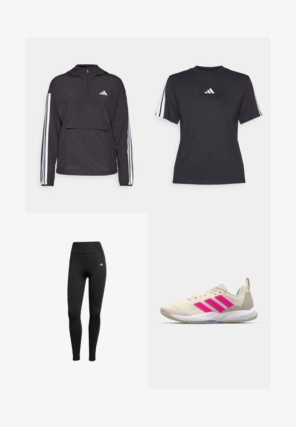 Must pakkjakk kerge materjalist. Omab pool-kattega lukuga esist, kapuutsi, esist kotti ja valgeid triibe varrukatel.; Must maal sport särk pehmest kangast, millel on ümmargune kaelus, lühikesed varrukad ja iga õla peal kolm valget triipu. Valge logo rinnal.; Mustad mustad sportlikud legginsid kõrge vöökohaga. Valmistatud venivast kangast, millel on valge logo detail vasakul ülaosas.; Beige spordijalanõud roosa kolme triibu logoga, tekstureeritud võrkkangas peal, polsterdatud sääreosa ja valge kummist tallaga, kus on "LIGHTSTRIKE" bränd.