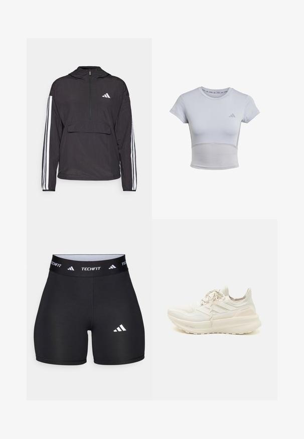 Black pullover jacket made from lightweight material. Features a half-zip front, hood, front pouch pocket, and white stripe accents on sleeves.; adidas Performance Sports T-shirt - halo silver grey; Black shorts made from stretchy fabric with a fitted design. Features a wide black waistband labeled "TECHFIT" and a white logo on the leg.; White athletic shoe featuring a textured upper, three-stripe design, light cushioning, and a split-color heel accent. Lightweight sole technology.