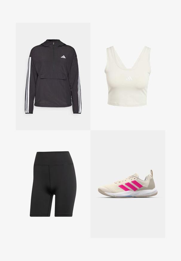 Chaqueta de pulóver negra fabricada con material ligero. Presenta un cierre de media cremallera en la parte delantera, capucha, bolsillo frontal tipo pouch y acentos de franjas blancas en las mangas.; Top corto beige claro con escote en forma de V, hecho de una tela suave. Presenta un pequeño logo blanco en el pecho y tirantes anchos.; Bañadores negros hechos de un material elástico, con una cintura alta y costuras planas para mayor comodidad y durabilidad.; Zapatilla deportiva beige con logo de tres rayas rosa, parte superior de malla texturizada, cuello acolchado y suela de goma blanca, con la marca "LIGHTSTRIKE".
