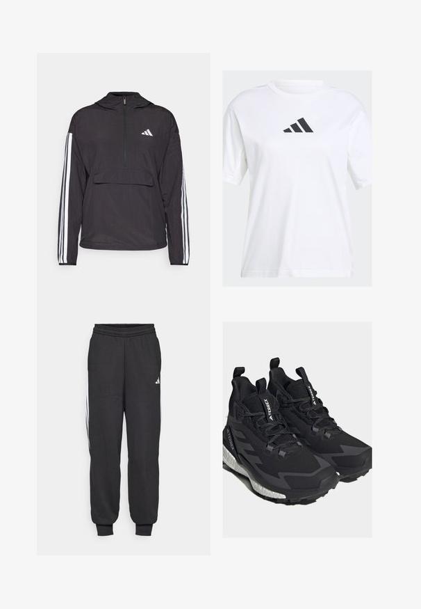 Fekete pulóverdzseki könnyű anyagból. Fél cipzáros elülső rész, kapucni, elülső zsebtartó és fehér csíkos díszítések az ujjakon.; Fehér pamut póló, fekete Adidas logóval, mely háromszög formában helyezkedik el a mellkason, rövid ujjú és laza szabású.; Fekete sporttászok rugalmas derékkal, szűkült bokákkal és fehér oldalsávval. Puha anyagból készült, sima textúrával.; adidas Terrex TERREX FREE HIKER 2 GTX W - Túracipők - core black/grey six/ftwr white