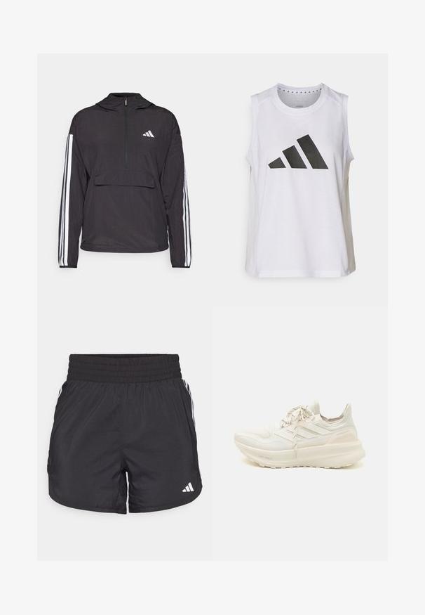 Veste à manches longues noire en matériau léger. Comprend un devant zippé à mi-hauteur, une capuche, une poche en avant et des accents en bande blanche sur les manches.; Haut de sport sans manches blanc avec encolure ronde, arborant un grand logo Adidas noir composé de trois bandes à l'avant.; Shorts de sport noirs avec une taille élastique, des poches latérales et des accents de rayures blanches sur les côtés. Fabriqués en matériau léger.; Baskets de sport blanches avec une tige texturée, un design à trois bandes, un léger rembourrage et un accent de talon bicolore. Technologie de semelle légère.
