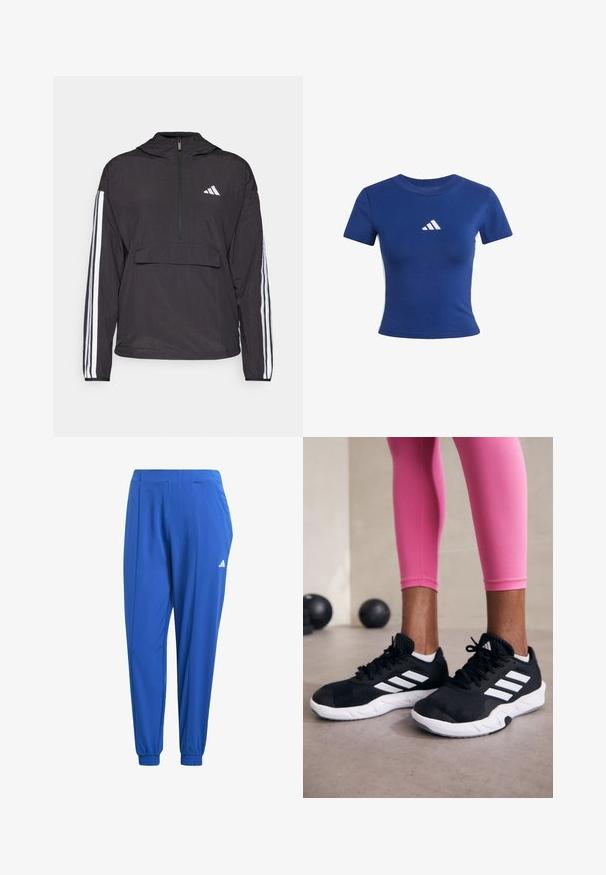 Schwarze Pulloverjacke aus leichtem Material. Mit einem halben Reißverschluss an der Vorderseite, Kapuze, vorderer Taschenklappe und weißen Streifenakzenten an den Ärmeln.; Blaues Baumwoll-T-Shirt mit kurzen Ärmeln, das ein weißes Adidas-Logo auf der Brust und kontrastierende weiße Seitenpaneele aufweist.; adidas Performance AEROREADY ESSENTIALS MINIMAL BRANDING WOVEN - Jogginghose - semi lucid blue; Schwarze Sportschuhe mit weißen Streifen, strukturiertem Mesh-Obermaterial und einer weißen Sohle. Kombiniert mit pinken Leggings, die Trainingsbekleidung zur Schau stellen.