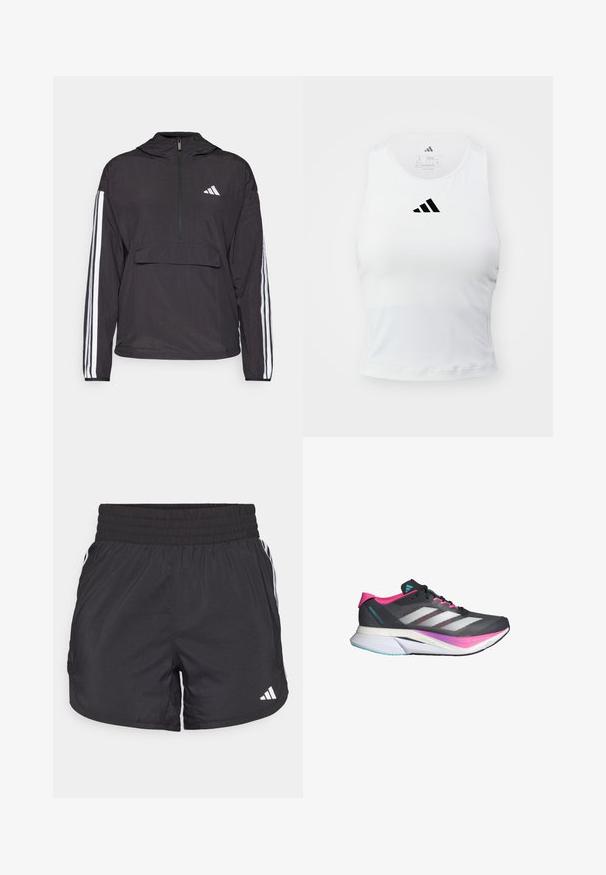 Čierny pulóver s kapucňou vyrobený z ľahkého materiálu. Disponuje polovičným zipsom vpredu, kapucňou, prednou vreckovou kapsou a bielymi pruhmi na rukávoch.; Biele športové tielko s priliehavým strihom, so čiernym logom Adidas umiestneným na strede hrudníka a mäkkou, vlhkosť odvádzajúcou látkou.; Čierne športové šortky s elastickým pásom, bočnými vreckami a bielymi pruhmi po stranách. Vyrobené z ľahkého materiálu.; Bežecká obuv s sivou sieťovinou, ružovými akcentmi a bielymi pruhmi. Obsahuje polstrovanú podrážku a štíhly, aerodynamický dizajn.