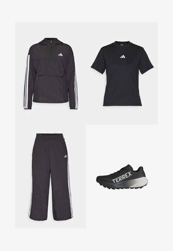 Černá pulovrová bunda vyrobená z lehkého materiálu. Obsahuje přední zip do poloviny, kapuci, přední kapsu na pouch a bílé pruhy na rukávech.; Černé tričko s krátkým rukávem vyrobené z měkké tkaniny. Má bílé logo Adidas a kontrastní bílé pruhy po stranách.; Černé tepláky s elastickým pasem, s bílými bočními pruhy a jemným logem na levé horní části nohavic. Lehký materiál.; Černá běžecká bota s texturovaným svrškem, výrazné logo "TERREX" v bílé barvě, zúžený design podrážky a gradientní šedý akcent na patě.
