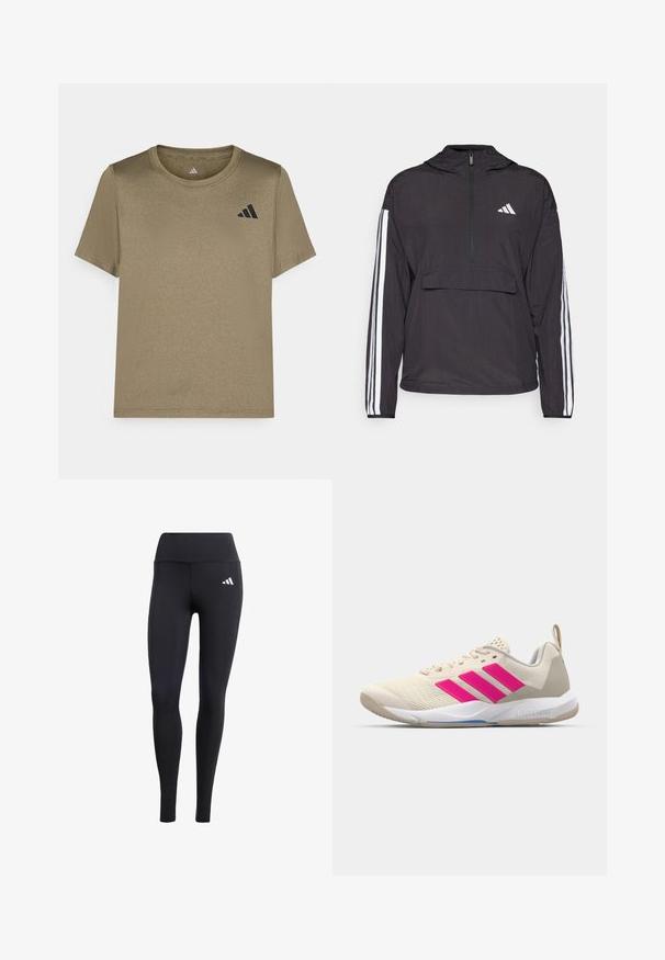 Svart genserjakke laget av lett materiale. Har halv-glidelås foran, hette, frontlomme og hvite stripe detaljer på ermene.; Oliven grønn kortermet t-skjorte laget av glatt stoff, med en svart logo på venstre bryst og rund halsdesign.; Svarte leggings laget av elastisk materiale, med høy midje og en liten hvit logo, med en glatt, matt finish.; Beige atletik sko med rosa tre-stripes logo, teksturert mesh-overdel, polstret krage og hvit gummisåle, med "LIGHTSTRIKE" merke.