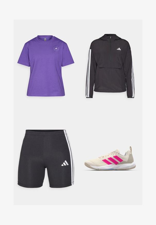 Svart genserjakke laget av lett materiale. Har halv-glidelås foran, hette, frontlomme og hvite stripe detaljer på ermene.; Lilla bomulls t-skjorte med rund hals, kort erm og sirkulært logo-design på venstre side av brystet.; Svarte treningsshorts laget av elastisk stoff, med hvite sidestroppene og et Adidas-logo på den nederste høyre benet. Glatt tekstur.; Beige atletik sko med rosa tre-stripes logo, teksturert mesh-overdel, polstret krage og hvit gummisåle, med "LIGHTSTRIKE" merke.
