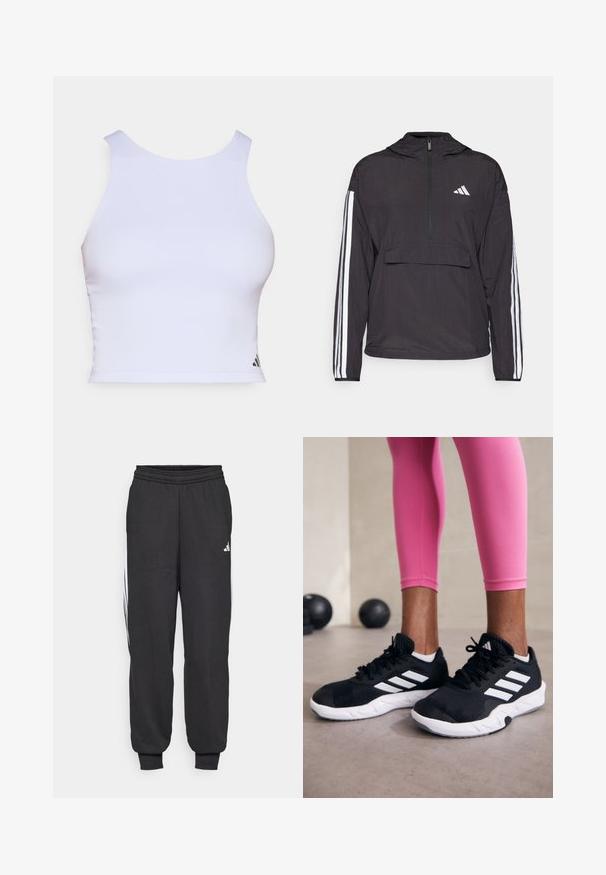 Svart genserjakke laget av lett materiale. Har halv-glidelås foran, hette, frontlomme og hvite stripe detaljer på ermene.; Hvit sports crop top laget av glatt stoff, med rund hals, ermeløs design, og en liten svart logo i det nedre hjørnet.; Sorte treningsbukser med elastisk midje, avsmalnede ankler og hvite sidestriper. Laget av myk stoff med jevn tekstur.; Svarte treningssko med hvite striper, teksturert mesh-overdel og hvit såle. Brukt med rosa leggings, som viser frem treningsklær.