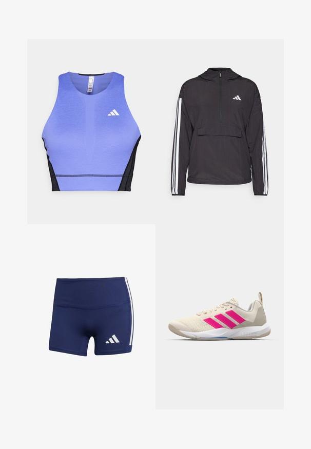 Czarna bluza dresowa wykonana z lekkiego materiału. Posiada pół-zamek z przodu, kaptur, kieszeń z przodu oraz białe paski zdobiące rękawy.; Fioletowy sportowy crop top z teksturowaną powierzchnią, czarnymi bocznymi panelami i białym logo na lewej klatce piersiowej. Sportowy design z okrągłym dekoltem.; Granatowe szorty sportowe o obcisłym kroju, wykonane z gładkiego materiału, z białymi pasami po bokach i logo w dolnej lewej części.; Beżowy but sportowy z różowym logo w postaci trzech pasków, teksturowana siateczka na górze, wyściełany kołnierz i biały gumowy spód, z brandingiem "LIGHTSTRIKE".