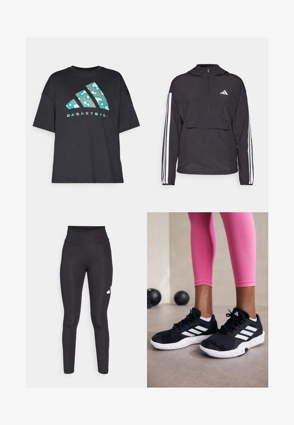 Fekete pulóverdzseki könnyű anyagból. Fél cipzáros elülső rész, kapucni, elülső zsebtartó és fehér csíkos díszítések az ujjakon.; Fekete, oversize pamut póló, türkiz absztrakt mintával, alatta a "BASKETBALL" szó kontrasztos betűtípussal.; Fekete, magas derekú leggingek sima, rugalmas anyagból, bal oldalon fehér logóval. Testhez simuló fazon, minta nélkül.; Fekete sportcipők fehér csíkokkal, texturált hálós felsőrésszel és fehér talppal. Rózsaszín leggings-szel viselve, bemutatva az edzőruhákat.
