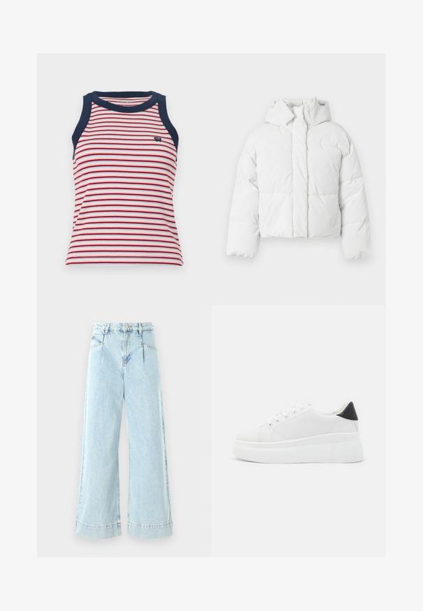 White puffer jacket with a hood, featuring a quilted design, front closure, and slightly cropped silhouette. Smooth, shiny texture.; Striped tank top featuring red, white, and blue horizontal stripes, with navy blue trim on the neckline and armholes. Soft ribbed texture.; Light blue wide-leg jeans made of denim, featuring a high waist, front pockets, and stitched accents at the hem.; White platform sneakers made of smooth synthetic material, featuring a rounded toe, lace-up design, and a textured rubber sole. Black heel accent.