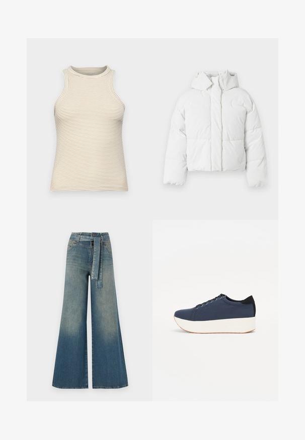 Bílá péřová bunda s kapucí, která má prošívaný design, přední zapínání a mírně zkrácený střih. Hladká, lesklá textura.; Top bez rukávů s vysokým límcem, vyrobený z texturované látky s tenkými horizontálními béžovými a bílými pruhy. Úzký střih, bez viditelného kovového zapínání.; Džínové kalhoty širokého střihu s přechodem od světlé k tmavě modré, vysokým pasem, poutky na opasek a odpovídajícím opaskem ze stejného materiálu. Texturovaná džínovina.; Námořnické modré tenisky s texturovaným textilním svrškem, bílou platformovou podrážkou, kulatou špičkou a černým akcentem na patě. Obsahují šest očíček pro tkaničky.