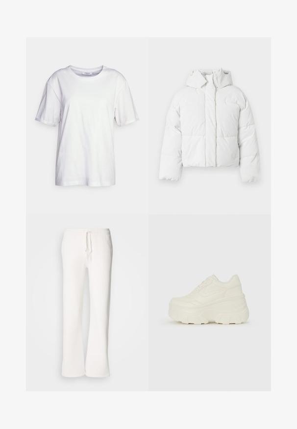 White puffer jacket with a hood, featuring a quilted design, front closure, and slightly cropped silhouette. Smooth, shiny texture.; White cotton t-shirt featuring a classic crew neckline, short sleeves, loose fit, and straight hem. No patterns or additional details.; White, relaxed-fit sweatpants made of soft fabric, featuring an elastic waistband with a drawstring and straight-leg design.; White platform sneakers featuring a smooth leather-like upper, rounded shape, padded collar, and textured rubber sole with defined treads.