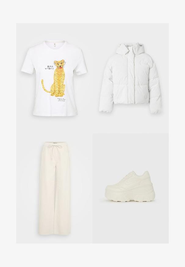 Biela páperová bunda s kapucňou, so prešívaným dizajnom, predným zapínaním a mierne zúženým strihom. Hladký, lesklý povrch.; Biele bavlnené tričko s grafickým motívom žltého leoparda v okuliaroch, textom "ZLÉ VIBRÁCIE" a "NECHOĎ S MOJÍM RÚŽOM" v čiernom písmene.; Biele široké nohavice vyrobené z bavlnenej tkaniny, so strečovým pásom a so šnúrkou na stiahnutie, ako aj bočnými vreckami. Hladká textúra, minimalisticý dizajn.; Biele platformové tenisky s hladkým koženkovým svrchným materiálom, zaobleným tvarom, polstrovaným golierom a textúrovanou gumovou podrážkou s výrazným vzorom.