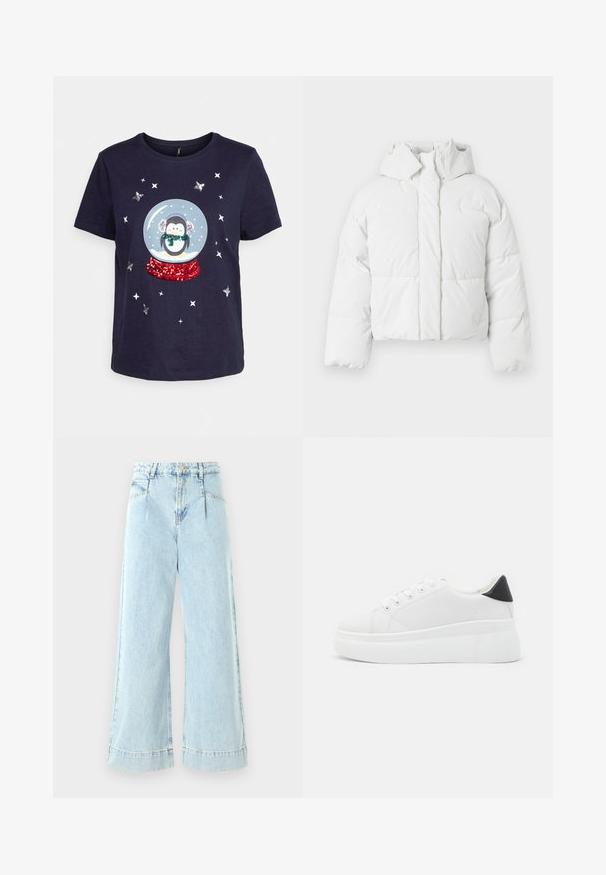 Casaco acolchoado branco com capuz, apresentando um design acolchoado, fecho frontal e silhueta ligeiramente cropada. Textura suave e brilhante.; ONLY ONLXMAS LIFE CHRISTMAS - T-shirt estampada - night sky; Calças de ganga de perna larga de cor azul-claro, com uma cintura alta, bolsos frontais e detalhes cosidos na bainha.; Tênis plataforma brancos feitos de material sintético suave, apresentando ponta arredondada, design com cadarços e sola de borracha texturizada. Acento preto no calcanhar.