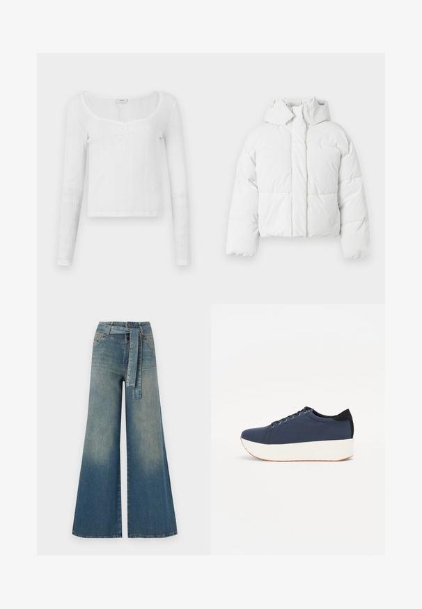 White puffer jacket with a hood, featuring a quilted design, front closure, and slightly cropped silhouette. Smooth, shiny texture.; White long-sleeve top with a fitted design, textured stripe pattern, scoop neckline, and three button details at the center.; Wide-leg denim trousers featuring a light to dark blue gradient, high waist, belt loops, and a matching fabric belt. Textured denim finish.; Navy blue sneaker with a textured fabric upper, white platform sole, rounded toe, and black heel accent. Features six eyelets for laces.