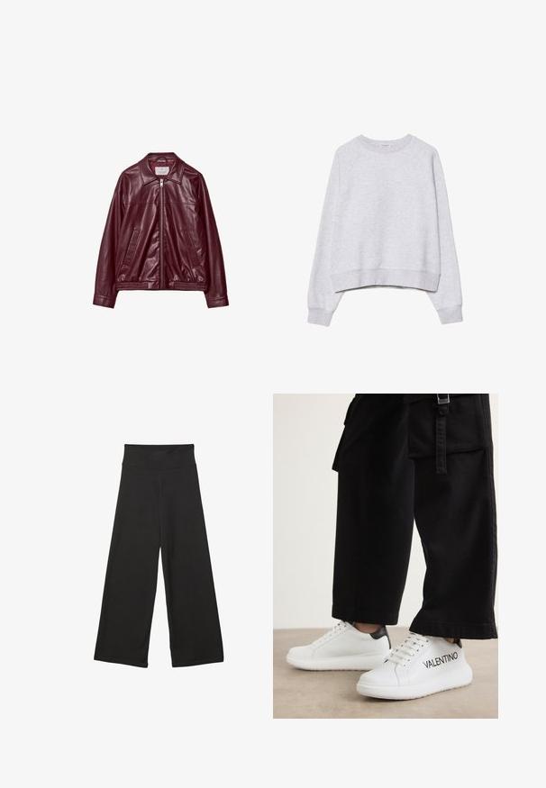 Bordo zip-up lažna kožna jakna s ovratnikom, prednjim džepovima, elastik strukom i dugim rukavima.; Siva skraćena dukserica od mekane, teksturirane tkanine. Ima duge raglan rukave i rebraste manžete i donji rub. Jednostavan, neutralan dizajn.; Crne široke hlače s visokim elastičnim pojasom, mekanim materijalom i slobodnim krojem, pogodne za ležerno nošenje ili opuštene prostore.; Bijele kožne tenisice s debelim potplatom, s crnim akcentima i natpisom "VALENTINO" s bočne strane. Upareno s crnim širokim hlačama.