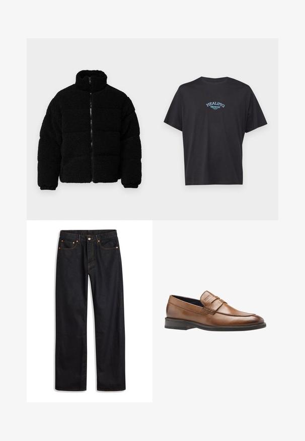 Czarna kurtka na zamek, wykonana z teksturowanej, puszystej tkaniny. Posiada wysoki kołnierz, pikowany design i elastyczne mankiety.; Czarny bawełniany t-shirt z krótkim rękawem i okrągłym dekoltem. Na przodzie znajduje się niebieski napis "HEALING" w łukowatym designie.; Czarne dżinsy o prostych nogawkach z pomarańczowym przeszyciem, pięcioma kieszeniami, szlufkami na pasek oraz z przodem zapinanym na guzik i zamek błyskawiczny.; Brązowe skórzane mokasyny o gładkim wykończeniu, z przeszyciami i wypukłym logo z przodu. Lekko zaokrąglony czubek i czarna podeszwa.