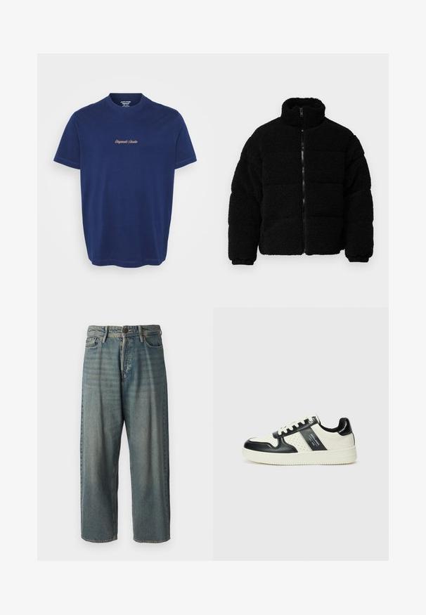 Čierna mikina na zips vyrobená z textúrovaného, nadýchaného materiálu. Má vysoký golier, polstrovaný dizajn a elastické manžety.; Námornícky modré bavlnené tričko s okrúhlym výstrihom a krátkymi rukávmi; "Originals Studio" vyšívané kontrastnou béžovou niťou na hrudi.; Svetlomodré denimové nohavice so voľným strihom, stredne vysokým pásom a rovnými nohavicami. Obsahujú päť vreciek, pútka na opasok a zapínanie na gombík.; Kožené tenisky v čierno-krémovej farbe, s perforovanými akcentmi, polstrovaným golierom a štruktúrovanou podrážkou.