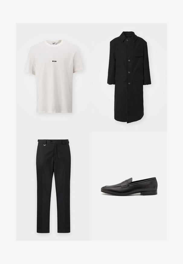 Fekete, hosszú kabát strapabíró anyagból, gallérral, elülső gombokkal és mellzsebből áll. Egyszerű, egyenes szabású dizájn oldalsó zsebekkel.; Fehér pamut póló kerek nyakkal. Középen egy kis fekete "MSGM" logó található a mellkason. Rövidujjú, laza fazonú.; Fekete, egyenes szabású, testhez álló nadrág, gombos záródással és övhurkokkal. Simaság jellemzi, minimális részletezéssel.; Fekete bőr loaferek elegáns dizájnnal, kerek orral és alacsony, rétegelt sarokkal. Díszített varrással rendelkezik a felsőrészen.