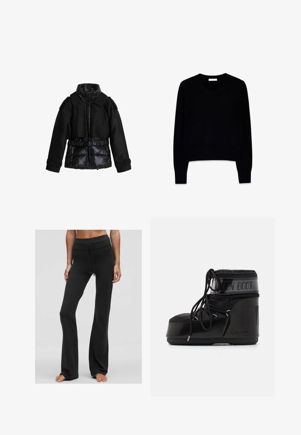 Czarna kurtka łączy pikowane elementy z gładkim materiałem. Posiada wysoki kołnierz, pasek w talii oraz wyraźnie zarysowane ramiona.; Czarny sweter z miękkiego materiału, z okrągłym dekoltem i długimi rękawami. Krój jest krótki, z prążkowanymi mankietami i dołem.; Czarne spodnie dzwony wykonane z gładkiego, elastycznego materiału. Posiadają szeroki pas z sznurkiem do regulacji i dopasowaną sylwetkę od talii do kolana.; Czarne moon boots o błyszczącej powierzchni, zaokrąglonym nosku, wyściełanym wierzchu i teksturowanej podeszwie. Zawierają sznurówki i wytłoczone logo z boku.