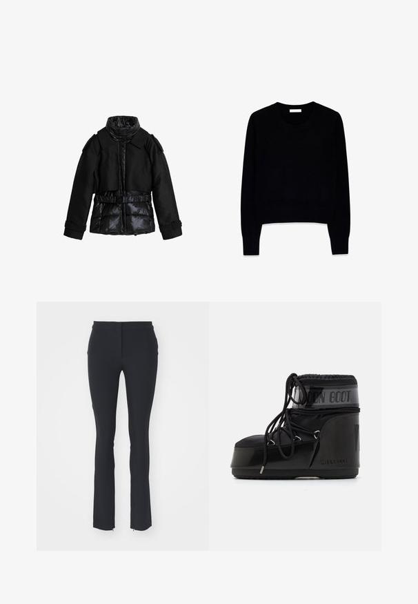 Musta takki yhdistää pehmustetut osiot ja sileän kankaan. Sen ominaisuuksiin kuuluu korkea kaulus, vyö vyötäröllä ja muotoillut olkapäät.; Musta neule pehmeästä materiaalista, jossa on pyöreä pääntie ja pitkät hihat. Malli on lyhennetty ja siinä on resorit hihoissa ja helmassa.; Mustat joustavat housut, joissa on istuva muotoilu, sileä pinta, suora leikkaus ja pienet sivuvetoketjut helmassa.; Mustat kuun saappaat kiiltävällä pinnalla, pyöristetty kärki, pehmustettu yläosa ja teksturoitu pohja. Varustettu nauhoilla ja kohokuvioidulla brändäyksellä sivussa.