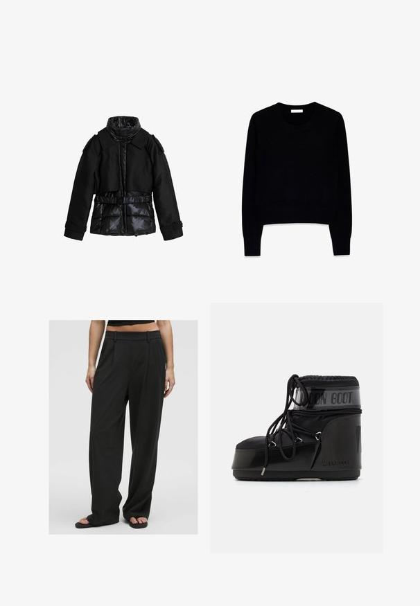Zwarte jas met een combinatie van gewatteerde secties en gladde stof. Beschikt over een hoge kraag, een riem op de taille en gestructureerde schouders.; Zwarte trui van zachte stof, met een ronde halslijn en lange mouwen. Het ontwerp is cropped met geribbelde manchetten en een onderrand.; Zwarte wijde broeken met een gladde textuur, hoge taille, voorplooien en riemlussen, met een gekleed ontwerp en zonder zichtbare patronen.; Zwarte moonboots met een glanzende afwerking, afgeronde neus, gewatteerd bovenwerk en een gestructureerde zool. Beschikt over veters en reliëfbranding op de zijkant.