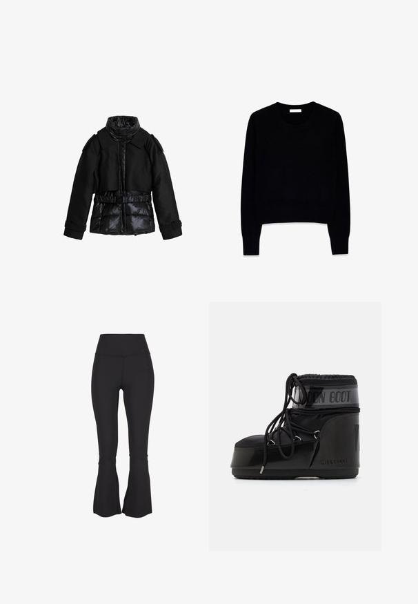Black jacket combines padded sections and smooth fabric. Features a high collar, belt at the waist, and structured shoulders.; Black sweater in soft fabric, featuring a round neckline and long sleeves. The design is cropped with ribbed cuffs and hem.; Black flared leggings made from a stretchy, smooth fabric. High waistband and slits at the bottom of the legs feature for added design detail.; Black moon boots with a glossy finish, rounded toe, padded upper, and textured sole. Features laces and embossed branding on the side.