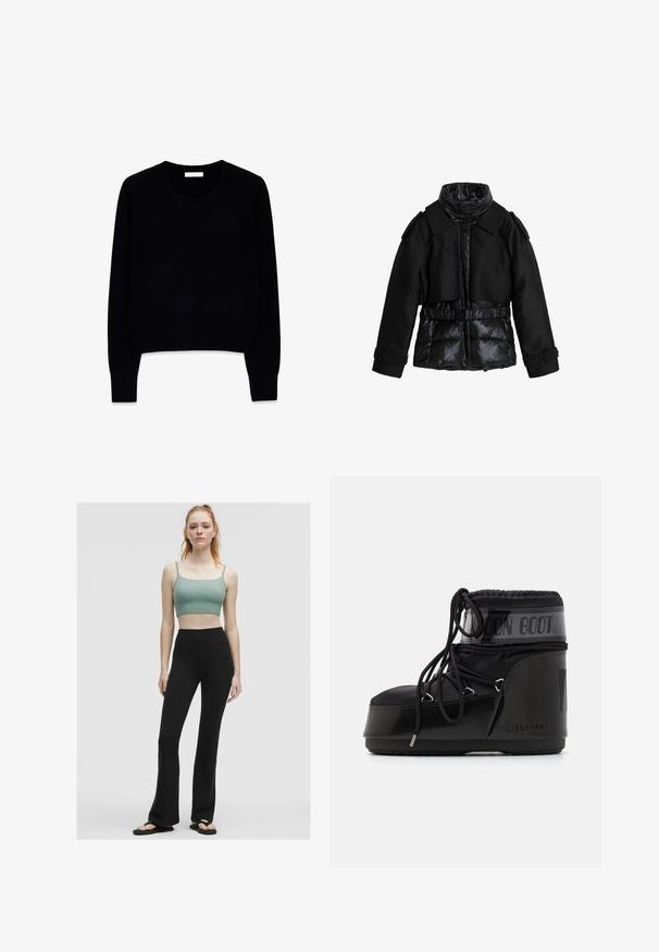Zwarte jas met een combinatie van gewatteerde secties en gladde stof. Beschikt over een hoge kraag, een riem op de taille en gestructureerde schouders.; Zwarte trui van zachte stof, met een ronde halslijn en lange mouwen. Het ontwerp is cropped met geribbelde manchetten en een onderrand.; Groene geribbelde crop top met dunne bandjes, gecombineerd met hoge zwarte flared leggings en zwarte slippers op een neutrale achtergrond.; Zwarte moonboots met een glanzende afwerking, afgeronde neus, gewatteerd bovenwerk en een gestructureerde zool. Beschikt over veters en reliëfbranding op de zijkant.